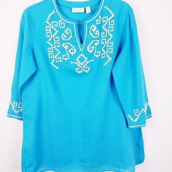 CHICO'S Turquoise Linen Cotton V-Neck White Beaded Tunic Top Size‎ 1 - Picture 6 of 6